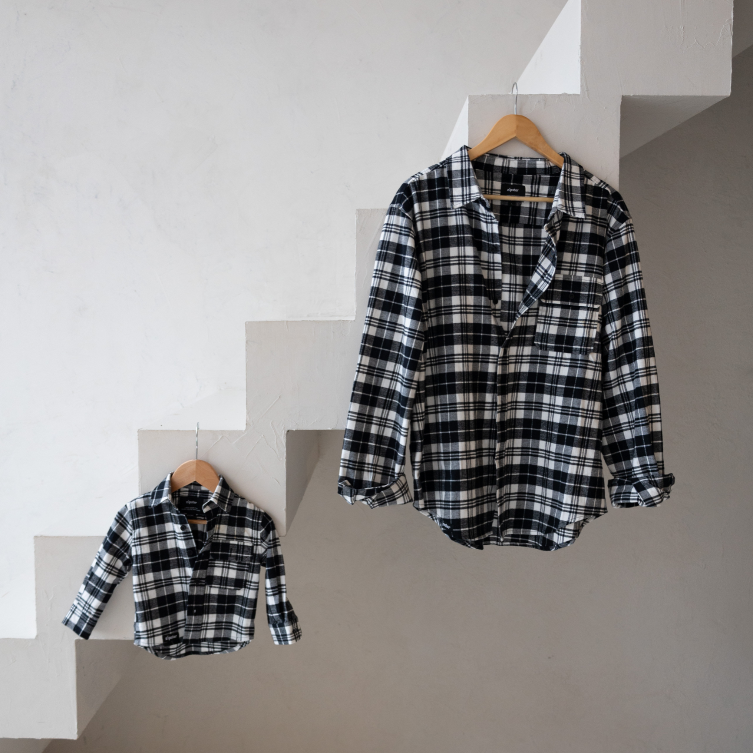 Dad & Mini Flanell-Overshirt-Set - Schwarzes Karo